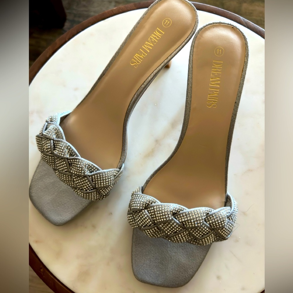 Silver slides with kitten heels